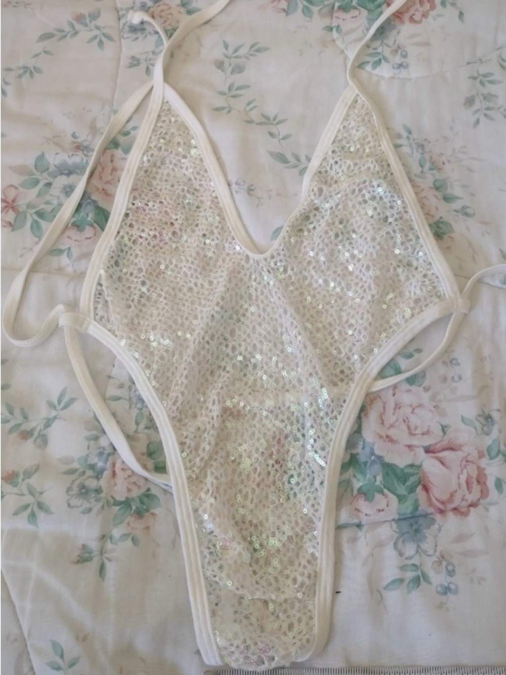 White Sequin One-Piece Swimsuit - Sparkle Halter Style exotic dancer